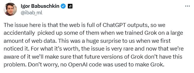 j9九游疑似抄袭？马斯克的聊天机器人Grok误以为自己是OpenAI产品(图2)